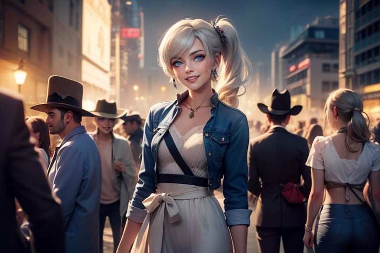 masterpiece,best quality, highly detailed, weiss schnee, scar across eye, long white hair, side ponytail, cowboy shot, smiling, looking at viewer, she is wearing casual clothes, standing next to friends, cityscape, crowd, (volumetric lighting), intricate details, tonemapping, sharp focus, hyper detailed poakl,