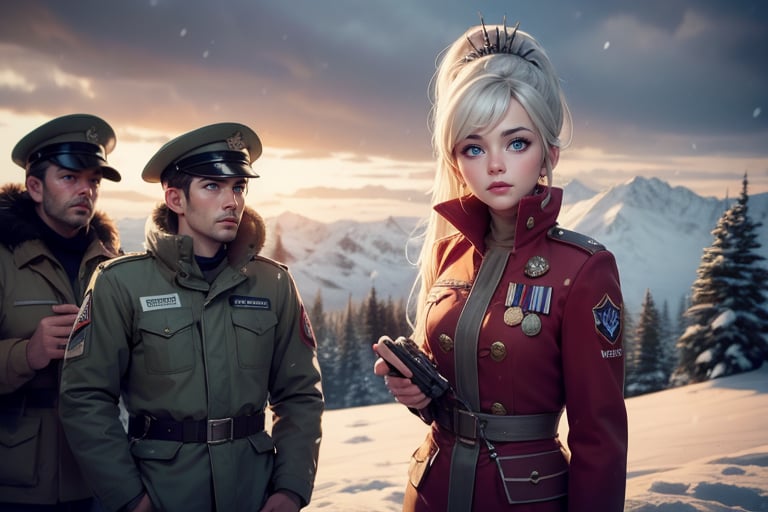 masterpiece,best quality, highly detailed, weiss schnee, scar across eye, long white hair, side ponytail, cowboy shot, she is wearing a military uniform, standing with black haired female officer on snow covered mountain slope, near ski lodge, other military officers are present, crowd, (volumetric lighting), intricate details, tonemapping, sharp focus, hyper detailed poakl,