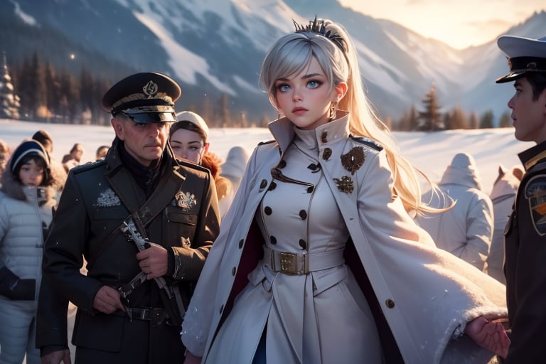 masterpiece,best quality, highly detailed, weiss schnee, scar across eye, long white hair, side ponytail, cowboy shot, she is wearing a white coat over military uniform, standing with black haired female officer on snow covered mountain slope, near ski lodge, other military officers are present, crowd, (volumetric lighting), intricate details, tonemapping, sharp focus, hyper detailed poakl,