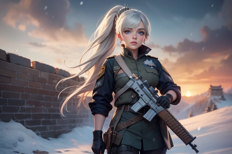 masterpiece,best quality, highly detailed, weiss schnee, scar across eye, long white hair, side ponytail, cowboy shot, she is armed and  wearing a military uniform, next to female officer who has short black hair, standing on snow covered great wall of china, other military officers are present, crowd, (volumetric lighting), intricate details, tonemapping, sharp focus, hyper detailed poakl,