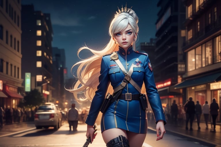  masterpiece,best quality, highly detailed, weiss schnee,1girl,solo,scar across eye,  cowboy shot, wearing military uniform, walking with fellow officer in cityscape, other military officers with weapons (volumetric lighting), intricate details, tonemapping, sharp focus, hyper detailed poakl, 