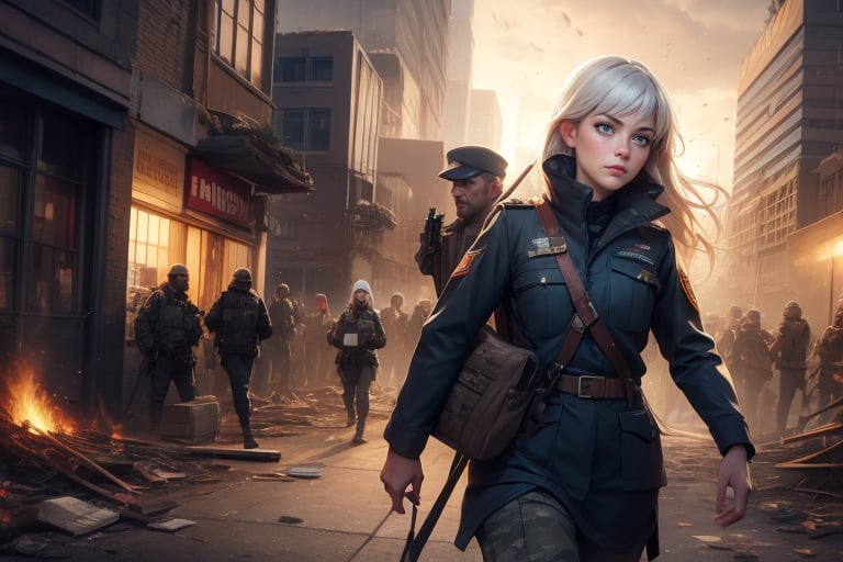  masterpiece,best quality, highly detailed, weiss schnee,1girl,solo,scar across eye, wearing military uniform, cowboy shot, walking with female military officer in in post apocalypse city, future urban, buildings in ruins, debris, bonfire, crowd, military officers on patrol, (volumetric lighting), intricate details, tonemapping, sharp focus, hyper detailed poakl, 