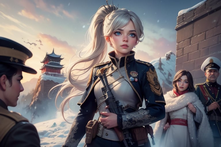 masterpiece,best quality, highly detailed, weiss schnee, scar across eye, long white hair, side ponytail, cowboy shot, she is armed and  wearing a military uniform, next to female officer who has short black hair, standing on snow covered great wall of china, other military officers are present, crowd, (volumetric lighting), intricate details, tonemapping, sharp focus, hyper detailed poakl,