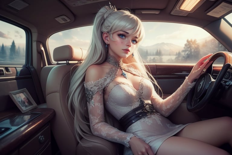  masterpiece,best quality, highly detailed, weiss schnee,1girl,solo,scar across eye,  cowboy shot, sitting in limousine, (volumetric lighting), intricate details, tonemapping, sharp focus, hyper detailed poakl, 