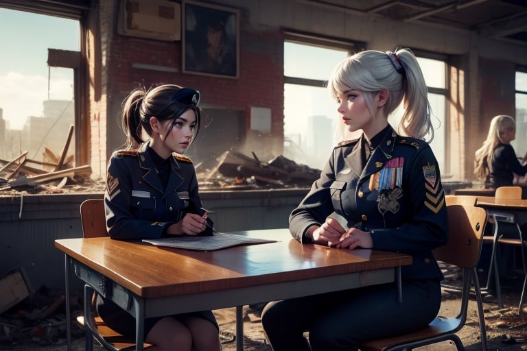 masterpiece,best quality, highly detailed, weiss schnee, scar across eye, long white hair, side ponytail, cowboy shot, ((she is wearing a military uniform, sitting next to female officer)), sitting on chairs in collapsed school building, classroom, desks, bonfire, rubble, other officers present, crowd, post-apocalypse, dystopian future, (volumetric lighting), intricate details, tonemapping, sharp focus, hyper detailed poakl,