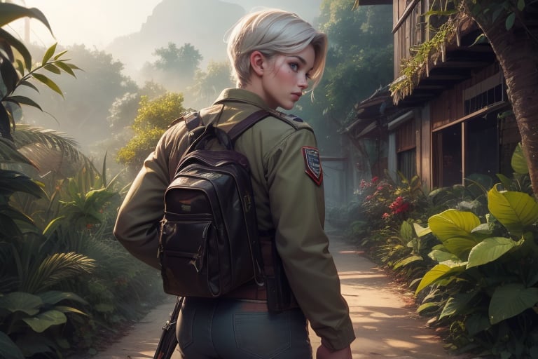  masterpiece,best quality, highly detailed, weiss schnee,scar across eye, viewer looking from behind, cowboy shot, wearing khaki military uniform, walking with weapon in tropical rainforest, lush vegitation, disused building,crowd, (volumetric lighting), intricate details, tonemapping, sharp focus, hyper detailed poakl, 