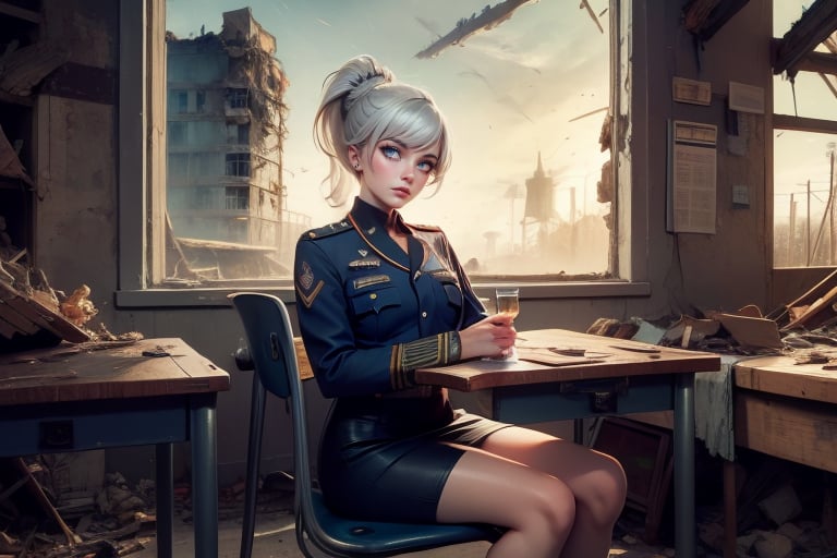 masterpiece,best quality, highly detailed, weiss schnee, scar across eye, long white hair, side ponytail, cowboy shot, ((she is wearing a military uniform, sitting next to female officer)), sitting on chairs in collapsed school building, classroom, desks, bonfire, rubble, other officers present, crowd, post-apocalypse, dystopian future, (volumetric lighting), intricate details, tonemapping, sharp focus, hyper detailed poakl,