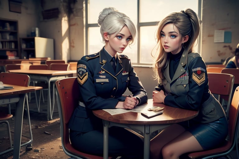 masterpiece,best quality, highly detailed, weiss schnee, scar across eye, long white hair, side ponytail, cowboy shot, ((she is wearing a military uniform, sitting next to female officer)), sitting on chairs in collapsed school building, classroom, desks, bonfire, rubble, other officers present, crowd, post-apocalypse, dystopian future, (volumetric lighting), intricate details, tonemapping, sharp focus, hyper detailed poakl,