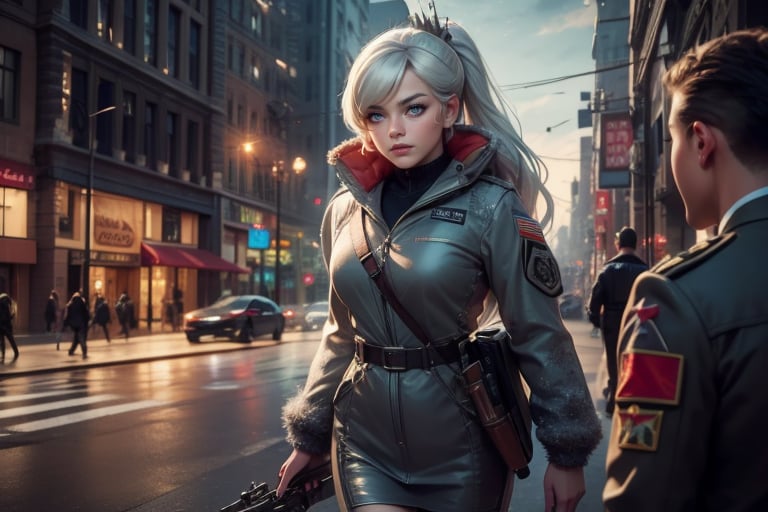  masterpiece,best quality, highly detailed, weiss schnee,1girl,solo,scar across eye,  cowboy shot, wearing military uniform, walking with fellow officer in cityscape, other military officers with weapons (volumetric lighting), intricate details, tonemapping, sharp focus, hyper detailed poakl, 