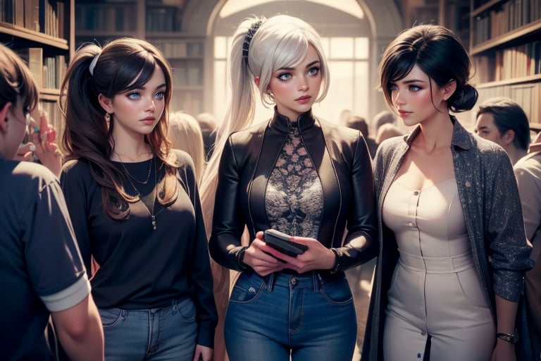 masterpiece,best quality, highly detailed, weiss schnee, scar across eye, long white hair, side ponytail, cowboy shot,  she is standing with 2 dark haired women, wearing casual clothes, talking, standing in library, crowd, (volumetric lighting), intricate details, tonemapping, sharp focus, hyper detailed poakl,