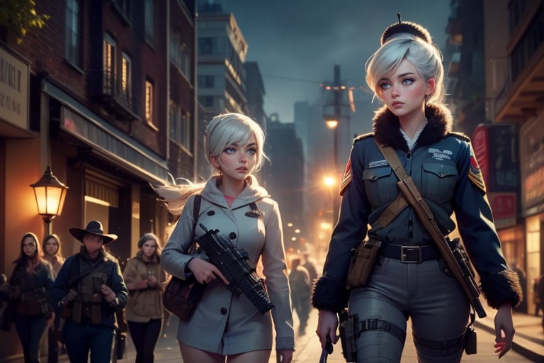  masterpiece,best quality, highly detailed, weiss schnee,1girl,solo,scar across eye,  cowboy shot, wearing military uniform, walking with fellow officer in cityscape, other military officers with weapons (volumetric lighting), intricate details, tonemapping, sharp focus, hyper detailed poakl, 