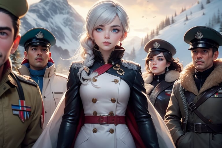 masterpiece,best quality, highly detailed, weiss schnee, scar across eye, long white hair, side ponytail, cowboy shot, she is wearing a white coat over military uniform, next to black haired female military officer on snow covered mountain slope, near ski lodge, other military officers are present, crowd, (volumetric lighting), intricate details, tonemapping, sharp focus, hyper detailed poakl,