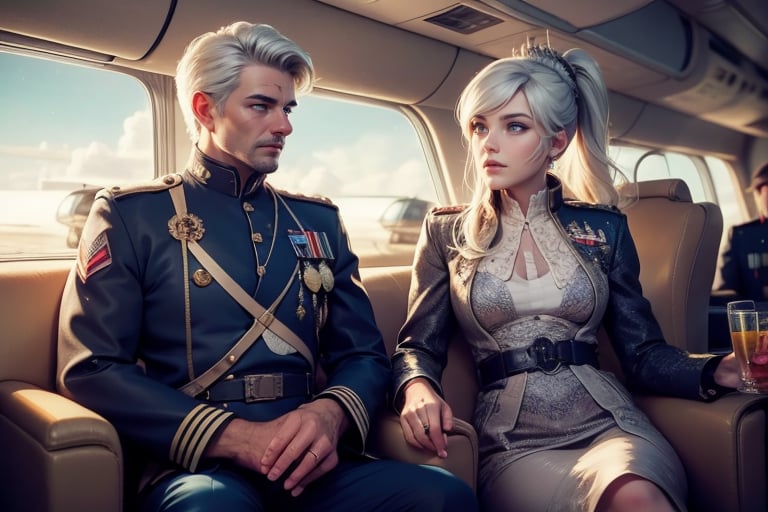 masterpiece,best quality, highly detailed, weiss schnee, scar across eye, long white hair, side ponytail, cowboy shot, she is wearing a military uniform, sitting with military officer in private jet,  other military officers are present (volumetric lighting), intricate details, tonemapping, sharp focus, hyper detailed poakl,