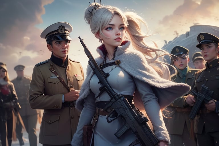 masterpiece,best quality, highly detailed, weiss schnee, scar across eye, long white hair, side ponytail, cowboy shot, she is armed and  wearing a military uniform, next to female officer who has short black hair, standing on snow covered great wall of china, other military officers are present, crowd, (volumetric lighting), intricate details, tonemapping, sharp focus, hyper detailed poakl,