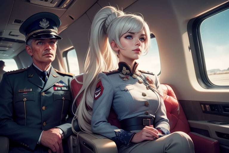 masterpiece,best quality, highly detailed, weiss schnee, scar across eye, long white hair, side ponytail, cowboy shot, she is wearing a military uniform, sitting with military officer in private jet,  other military officers are present (volumetric lighting), intricate details, tonemapping, sharp focus, hyper detailed poakl,