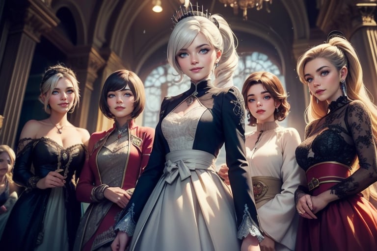 masterpiece,best quality, highly detailed, weiss schnee, looking at viewer, scar across eye, long white hair, side ponytail, smile, cowboy shot, (she is standing inside townhall, (standing with 4 women)), crowd, (volumetric lighting), intricate details, tonemapping, sharp focus, hyper detailed poakl,