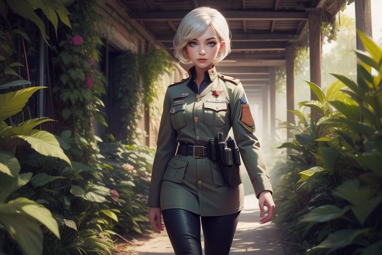  masterpiece,best quality, highly detailed, weiss schnee,1girl,solo,scar across eye,  cowboy shot, wearing khaki military uniform, walking with fellow officer in tropical rainforest, lush vegitation, disused building,  other military officers with weapons (volumetric lighting), intricate details, tonemapping, sharp focus, hyper detailed poakl, 