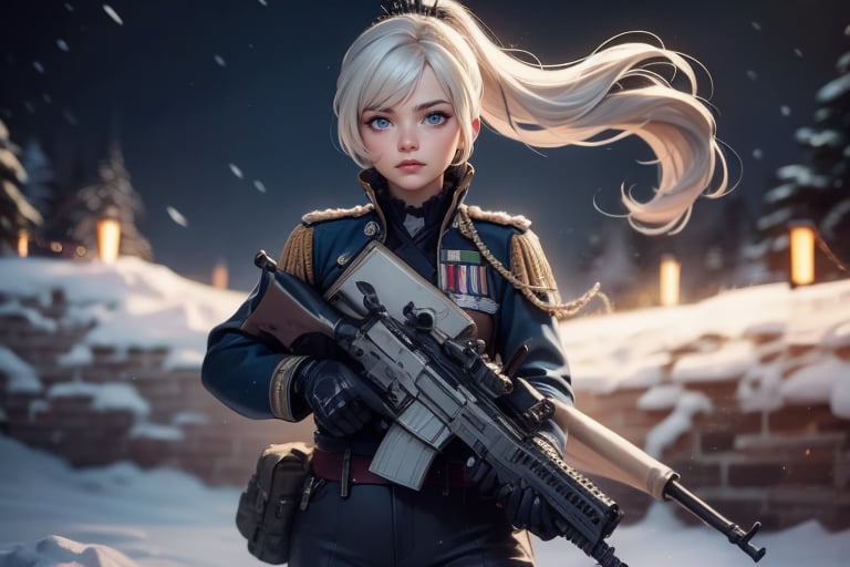 masterpiece,best quality, highly detailed, weiss schnee, scar across eye, long white hair, side ponytail, cowboy shot, she is armed and  wearing a military uniform, next to female officer who has short black hair, standing on snow covered great wall of china, other military officers are present, crowd, (volumetric lighting), intricate details, tonemapping, sharp focus, hyper detailed poakl,