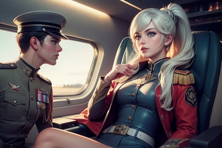 masterpiece,best quality, highly detailed, weiss schnee, scar across eye, long white hair, side ponytail, cowboy shot, she is wearing a military uniform, sitting with military officer in private jet,  other military officers are present (volumetric lighting), intricate details, tonemapping, sharp focus, hyper detailed poakl,