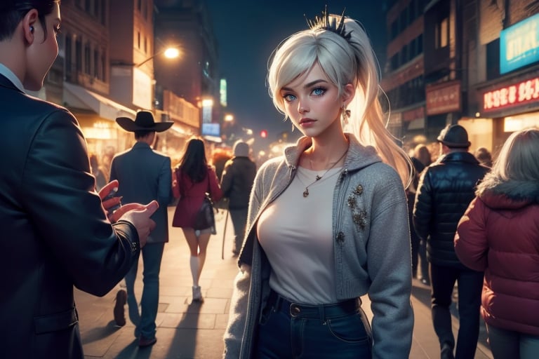 masterpiece,best quality, highly detailed, weiss schnee, scar across eye, long white hair, side ponytail, cowboy shot,  she is standing with 1 man and 1 woman, wearing casual clothes, talking, cityscape, crowd, (volumetric lighting), intricate details, tonemapping, sharp focus, hyper detailed poakl,