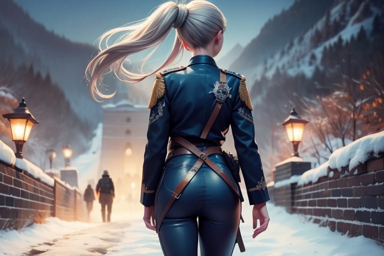 masterpiece,best quality, highly detailed, weiss schnee, scar across eye, long white hair, side ponytail, cowboy shot, viewer looking from behinds, she is armed and  wearing a military uniform, with officer who has short black hair, walking on snow covered great wall of china, other military officers are present, crowd, (volumetric lighting), intricate details, tonemapping, sharp focus, hyper detailed poakl,