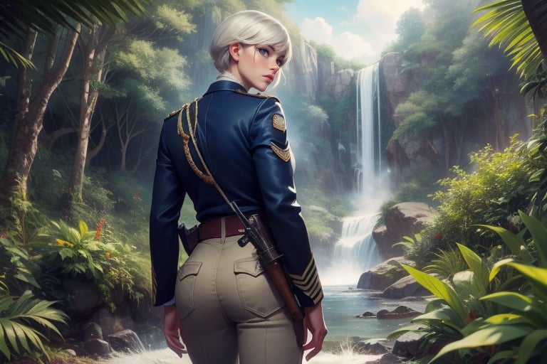  masterpiece,best quality, highly detailed, weiss schnee,scar across eye, viewer looking at her from behind, cowboy shot, wearing khaki military uniform, walking with fellow officer in tropical rainforest, lush vegitation, distant mountain, waterfall, other military officers with weapons (volumetric lighting), intricate details, tonemapping, sharp focus, hyper detailed poakl,