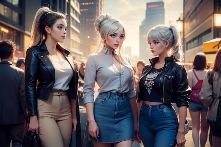 masterpiece,best quality, highly detailed, weiss schnee, scar across eye, long white hair, side ponytail, cowboy shot,  she is standing with 2 women, wearing casual clothes, talking, cityscape, crowd, (volumetric lighting), intricate details, tonemapping, sharp focus, hyper detailed poakl,