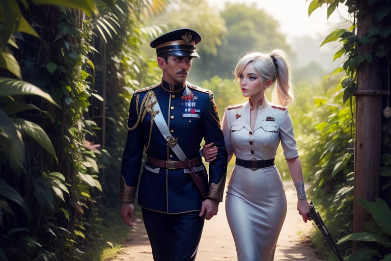  masterpiece,best quality, highly detailed, weiss schnee, scar across eye, long white hair, side ponytail, cowboy shot, she is wearing a military uniform, walking with female military officer in tropical rainforest, lush vegitation, disused building,  other military officers are present with weapons (volumetric lighting), intricate details, tonemapping, sharp focus, hyper detailed poakl, 