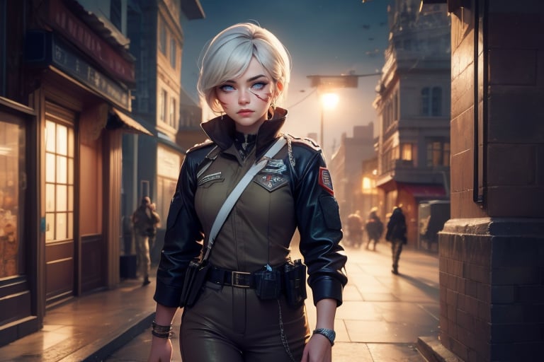  masterpiece,best quality, highly detailed, weiss schnee,1girl,solo,scar across eye,  cowboy shot, wearing military uniform, standing with fellow officer in cityscape, (volumetric lighting), intricate details, tonemapping, sharp focus, hyper detailed poakl, 