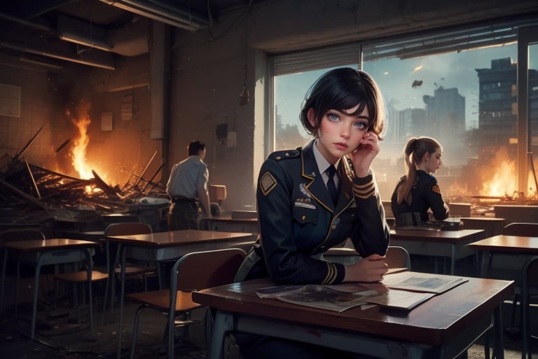 masterpiece,best quality, highly detailed, weiss schnee, scar across eye, long white hair, side ponytail, cowboy shot, ((she is wearing a military uniform, sitting next to female officer with short black hair)), sitting on chairs in collapsed school building, classroom, desks, bonfire, rubble, other officers present, crowd, post-apocalypse, dystopian future, (volumetric lighting), intricate details, tonemapping, sharp focus, hyper detailed poakl,