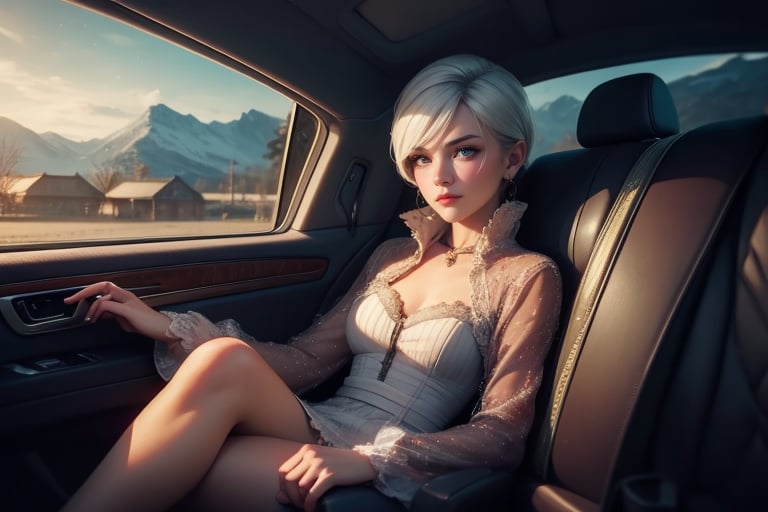  masterpiece,best quality, highly detailed, weiss schnee,1girl,solo,scar across eye,  cowboy shot, sitting modestly in limousine, (volumetric lighting), intricate details, tonemapping, sharp focus, hyper detailed poakl, 