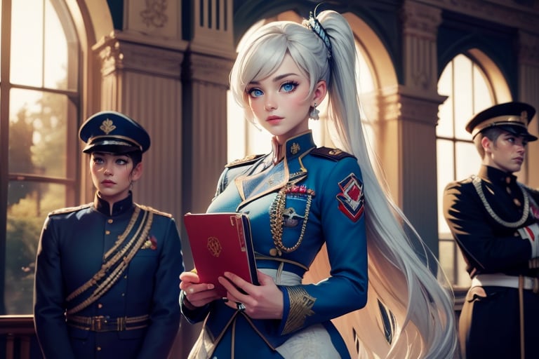 masterpiece,best quality, highly detailed, weiss schnee, scar across eye, long white hair, side ponytail, cowboy shot, ((she is wearing a military uniform, standing next to female officer)), standing in ornate library, crowd, (volumetric lighting), intricate details, tonemapping, sharp focus, hyper detailed poakl,