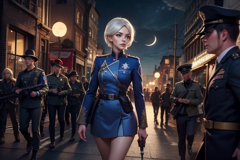  masterpiece,best quality, highly detailed, weiss schnee,1girl,solo,scar across eye,  cowboy shot, wearing military uniform, walking with fellow officer in cityscape, night, stars, moon, other military officers with weapons (volumetric lighting), intricate details, tonemapping, sharp focus, hyper detailed poakl, 