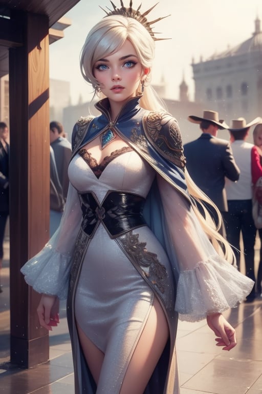  masterpiece,best quality, highly detailed, weiss schnee,1girl,solo,scar across eye,  cowboy shot, walking in courtyard, near  fountain, crowd, (volumetric lighting), intricate details, tonemapping, sharp focus, hyper detailed poakl, 