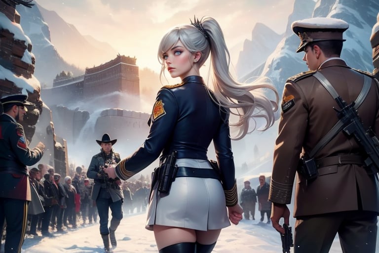 masterpiece,best quality, highly detailed, weiss schnee, scar across eye, long white hair, side ponytail, cowboy shot, viewer looking from behinds, she is armed and  wearing a military uniform, with officer who has short black hair, walking on snow covered great wall of china, other military officers are present, crowd, (volumetric lighting), intricate details, tonemapping, sharp focus, hyper detailed poakl,