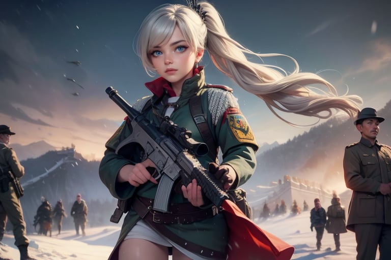 masterpiece,best quality, highly detailed, weiss schnee, scar across eye, long white hair, side ponytail, cowboy shot, she is armed and  wearing a military uniform, next to officer who has short black hair, walking on snow covered great wall of china, other military officers are present, crowd, (volumetric lighting), intricate details, tonemapping, sharp focus, hyper detailed poakl,