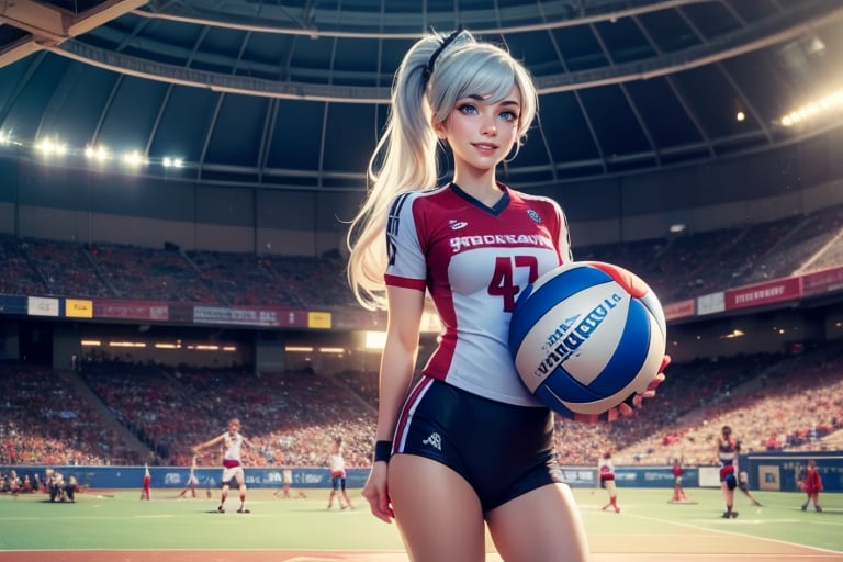 masterpiece,best quality, highly detailed, weiss schnee, looking at viewer, scar across eye, long white hair, side ponytail, smile, cowboy shot, (she is standing on vollyball court, inside sport stadium (standing with team)), crowd, (volumetric lighting), intricate details, tonemapping, sharp focus, hyper detailed poakl,