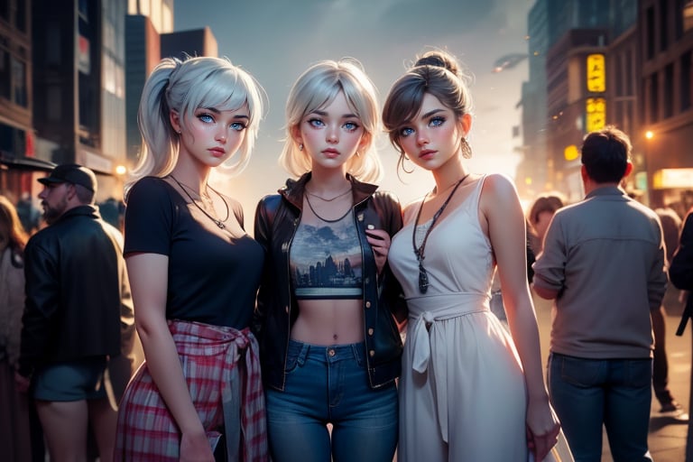 masterpiece,best quality, highly detailed, weiss schnee, scar across eye, long white hair, side ponytail, cowboy shot, looking at viewer, she is standing with 2 females, wearing casual clothes, talking, cityscape, crowd, (volumetric lighting), intricate details, tonemapping, sharp focus, hyper detailed poakl,