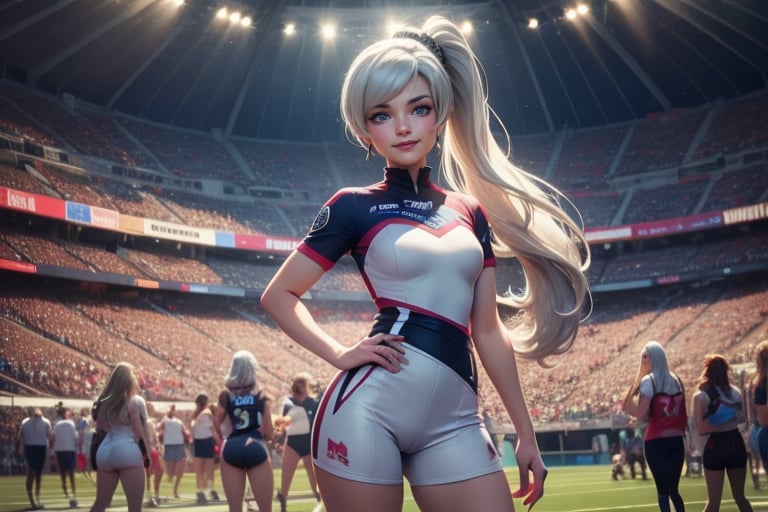 masterpiece,best quality, highly detailed, weiss schnee, looking at viewer, scar across eye, long white hair, side ponytail, smile, cowboy shot, (she is standing inside sport stadium (standing with 4 women)), crowd, (volumetric lighting), intricate details, tonemapping, sharp focus, hyper detailed poakl,