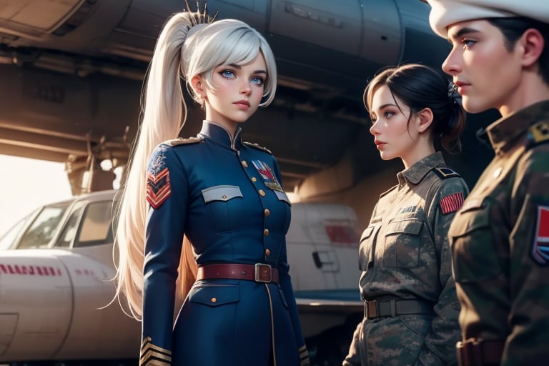 masterpiece,best quality, highly detailed, weiss schnee, scar across eye, long white hair, side ponytail, cowboy shot, she is wearing a military uniform, standing with female military officer in front of private jet,  other military officers are present (volumetric lighting), intricate details, tonemapping, sharp focus, hyper detailed poakl,