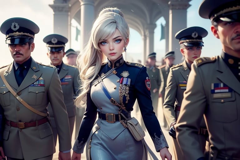 masterpiece,best quality, highly detailed, weiss schnee, scar across eye, long white hair, side ponytail, cowboy shot, looking at viewer, ((she is wearing a military uniform, walking next to fellow officers)), outside palace, military guests arriving, crowd, (volumetric lighting), intricate details, tonemapping, sharp focus, hyper detailed poakl,