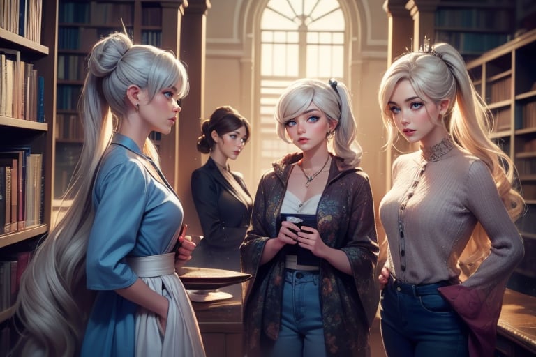 masterpiece,best quality, highly detailed, weiss schnee, scar across eye, long white hair, side ponytail, cowboy shot,  she is standing with 2 women, wearing casual clothes, talking, standing in library crowd, (volumetric lighting), intricate details, tonemapping, sharp focus, hyper detailed poakl,