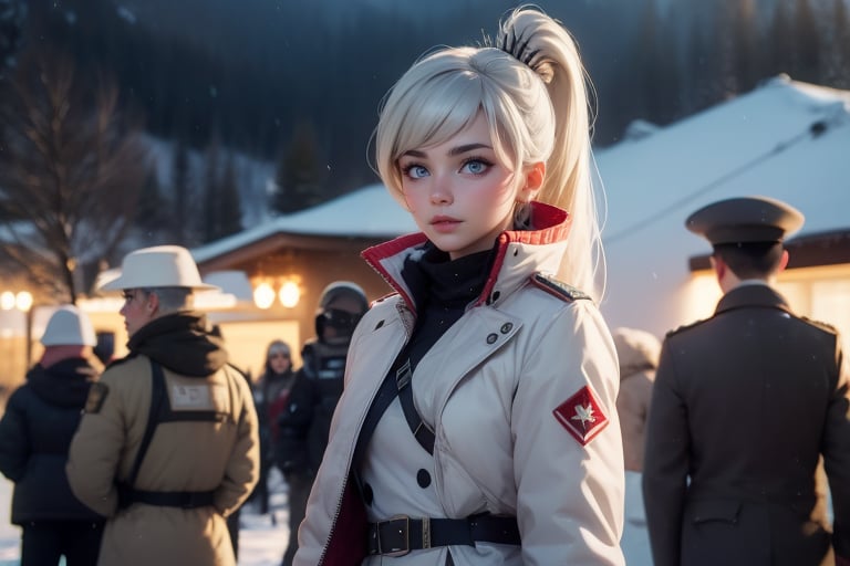 masterpiece,best quality, highly detailed, weiss schnee, scar across eye, long white hair, side ponytail, cowboy shot, she is wearing a white coat over military uniform, standing with female military officer on snow covered mountain slope, near ski lodge, other military officers are present, crowd, (volumetric lighting), intricate details, tonemapping, sharp focus, hyper detailed poakl,