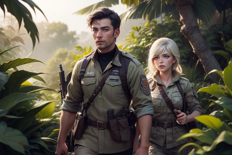  masterpiece,best quality, highly detailed, weiss schnee,1girl,solo,scar across eye,  cowboy shot, wearing khaki military uniform, walking with fellow officer in tropical rainforest, lush vegitation, other military officers with weapons (volumetric lighting), intricate details, tonemapping, sharp focus, hyper detailed poakl, 