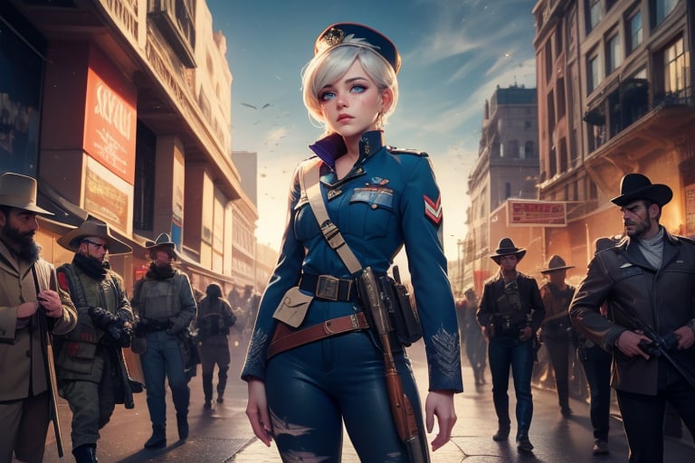  masterpiece,best quality, highly detailed, weiss schnee,1girl,solo,scar across eye,  cowboy shot, wearing military uniform, standing with fellow officer in cityscape, crowd, (volumetric lighting), intricate details, tonemapping, sharp focus, hyper detailed poakl, 