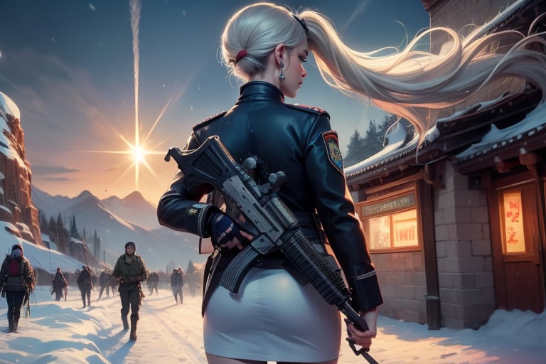 masterpiece,best quality, highly detailed, weiss schnee, scar across eye, long white hair, side ponytail, cowboy shot, viewer looking from behinds, she is armed and  wearing a military uniform, with officer who has short black hair, walking on snow covered great wall of china, other military officers are present, crowd, (volumetric lighting), intricate details, tonemapping, sharp focus, hyper detailed poakl,