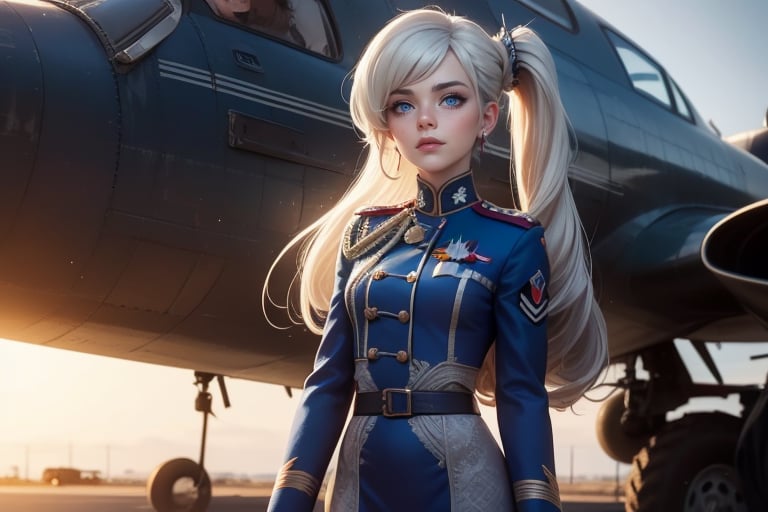 masterpiece,best quality, highly detailed, weiss schnee, scar across eye, long white hair, side ponytail, cowboy shot, she is wearing a military uniform, standing with female military officer in front of private jet,  other military officers are present (volumetric lighting), intricate details, tonemapping, sharp focus, hyper detailed poakl,