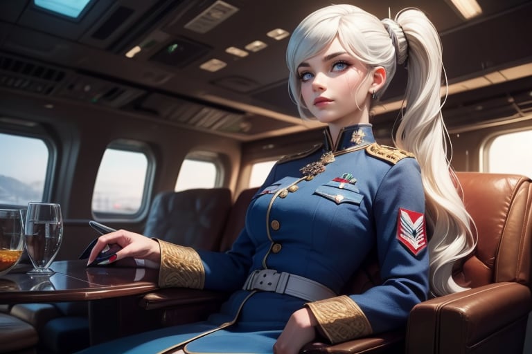 masterpiece,best quality, highly detailed, weiss schnee, scar across eye, long white hair, side ponytail, cowboy shot, she is wearing a military uniform, sitting with military officer in private jet,  other military officers are present (volumetric lighting), intricate details, tonemapping, sharp focus, hyper detailed poakl,