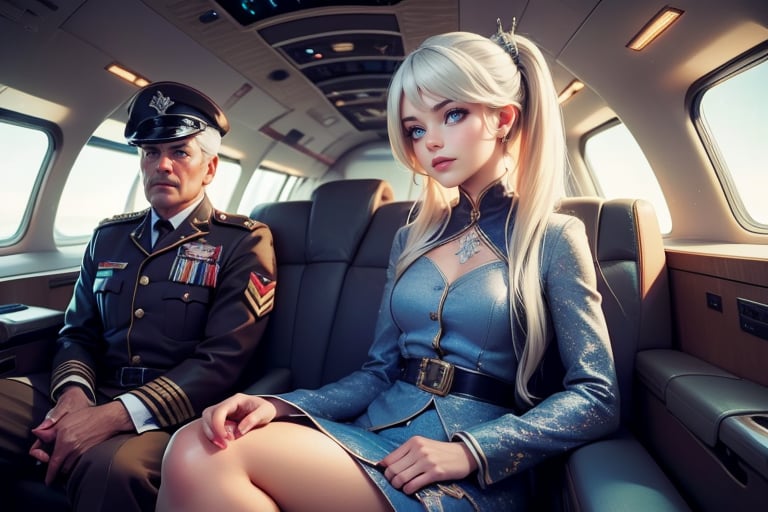 masterpiece,best quality, highly detailed, weiss schnee, scar across eye, long white hair, side ponytail, cowboy shot, she is wearing a military uniform, sitting with military officer in private jet,  other military officers are present (volumetric lighting), intricate details, tonemapping, sharp focus, hyper detailed poakl,