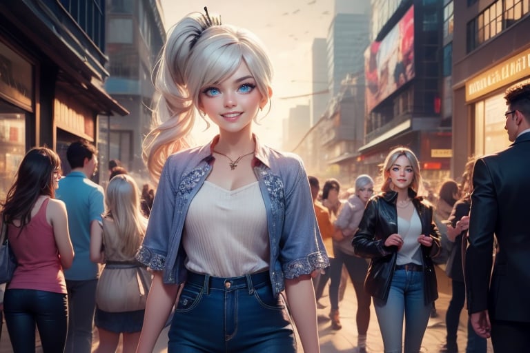 masterpiece,best quality, highly detailed, weiss schnee, scar across eye, long white hair, side ponytail, cowboy shot, smiling, looking at viewer, she is wearing casual clothes, standing next to friends, cityscape, crowd, (volumetric lighting), intricate details, tonemapping, sharp focus, hyper detailed poakl,